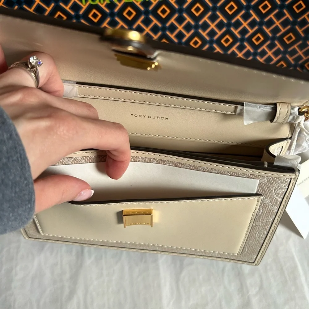 Tory Burch T Monogram Chain Wallet Crossbody Bag Ivory Gold Tan Cream Neutral